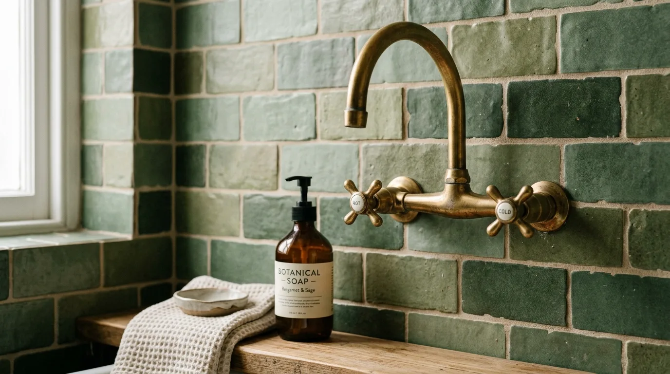 Pair green tile with natural wood tones inspiration for a green bathroom.